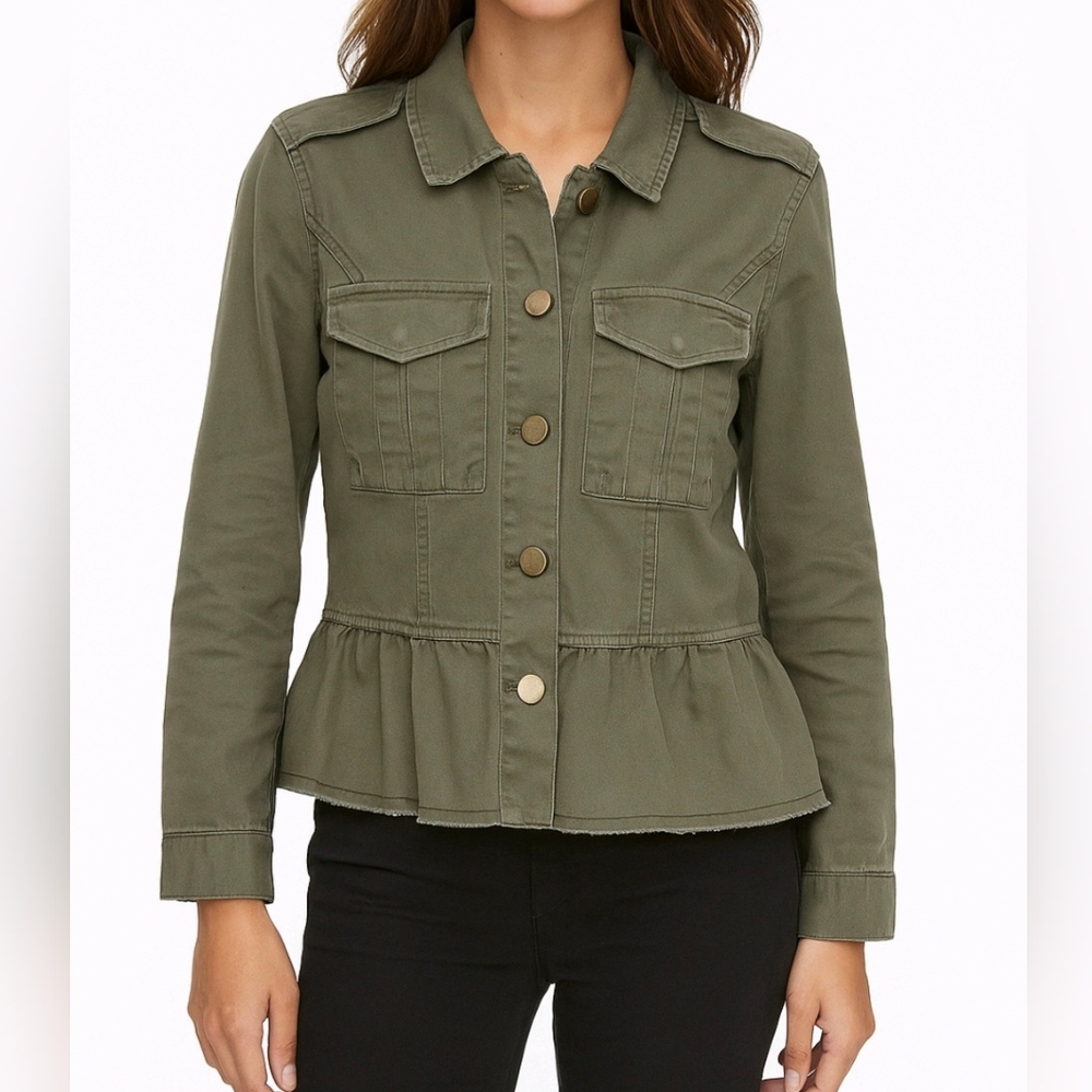 Democracy Jacket Olive Green Denim Long Sleeve With Peplum & Epaulettes …